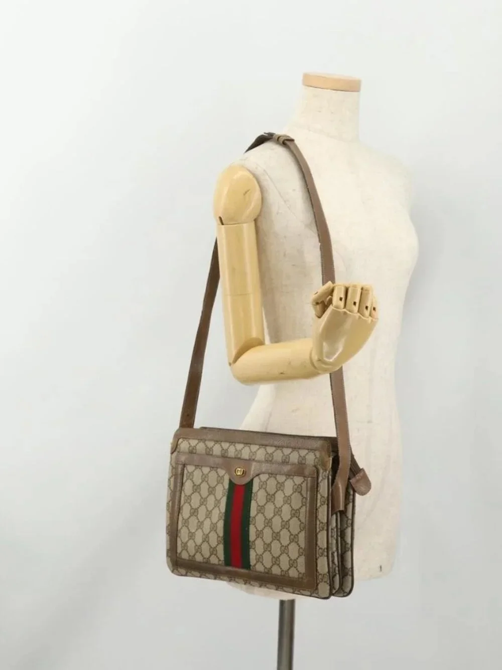 GUCCI GG Supreme Web Sherry Line Bag PVC Beige Gold 14 02 013 Auth INZ070